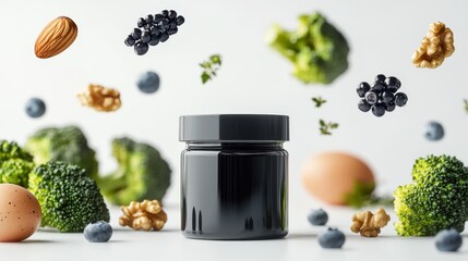a small plastic black jar mockup awith black lid while some brocoli, walnuts, blueberries, eggs, salamon flying in the background against a white background , studio photography, product photography, 