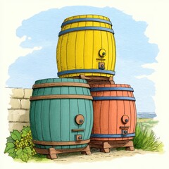 Obraz premium Three Colorful Wooden Barrels Stacked Against a Stone Wall