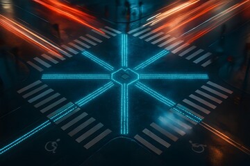 Aerial view of urban intersection with radial tactile guidance system. Long exposure traffic light trails, geometric LED patterns, accessible city planning concept.