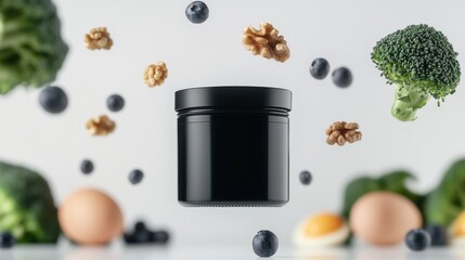 a small plastic black jar mockup awith black lid while some brocoli, walnuts, blueberries, eggs, salamon flying in the background against a white background , studio photography, product photography, 