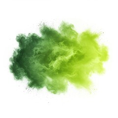 Explosion of vibrant green and yellow powder creating a cloud like abstract shape against a white background