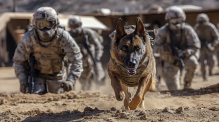 A K9 dog unit in training with the military; canine dogs in the middle of training while wearing a tactical vest and equipment; a german sheppard dog under training by the military; dog training