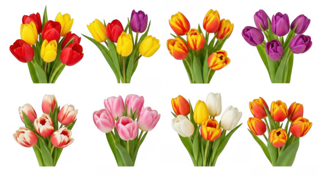 Vibrant Collection of Tulip Bouquets in Various Colors Perfect for Spring Decor and Floral Arrangements, isolated on a transparent background
