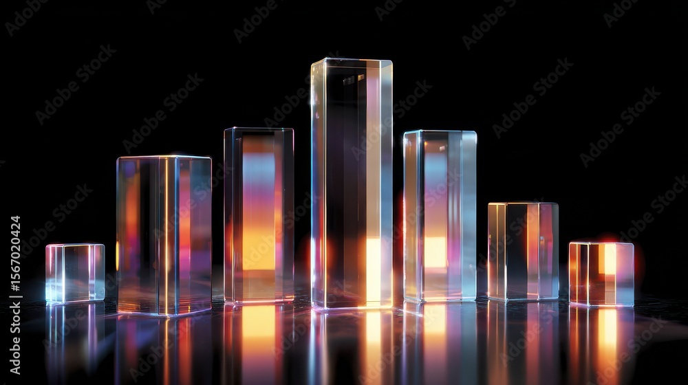Poster glowing bar graph & data reflections on shiny surface
