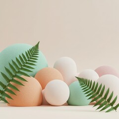 Soft pastel spheres and organic shapes with green fern leaves on a neutral background