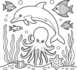 Ocean life illustration with dolphin, fish, and octopus, perfect for marine or underwater themes.