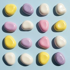 A pleasing arrangement of colorful pastel candies resembling pebbles on a light blue background