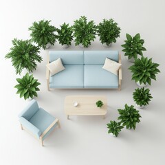 Modern scandinavian living room furniture with a blue sofa armchair coffee table and lush green potted plants arranged around them