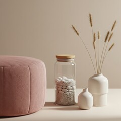 Soft pink ottoman and textured white vases with dried wheat stalks and pebbles in a glass jar