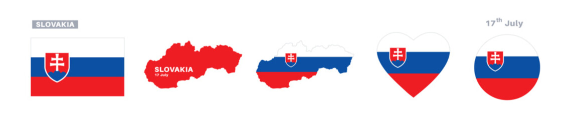 Fototapeta premium slovakia flag and map set. slovakia flag in official colors and proportions. independence day 17 july, map, circle and heart shaped slovakia 