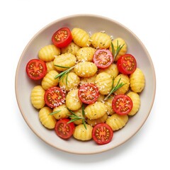 Delicious potato gnocchi with fresh cherry tomatoes and rosemary sprigs sprinkled with grated cheese
