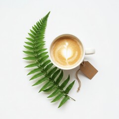 A refreshing cup of coffee with latte art next to a vibrant green fern leaf and a brown tag