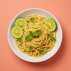Delicious spaghetti pasta dish garnished with fresh mint leaves and vibrant lime slices in a white bowl