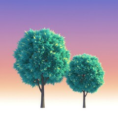 Two stylized trees with teal and yellow foliage against a soft gradient sky of purple and orange