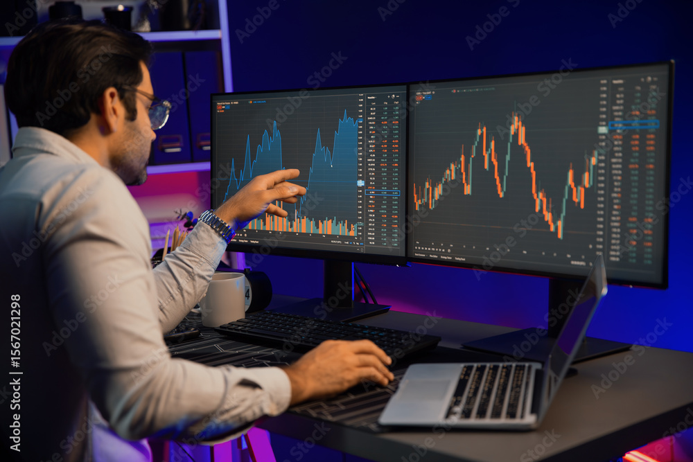 Poster smart trader businessman concentrating on dynamic stock exchange investment on pc and laptop showing