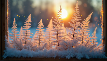Frosted ferns illuminated by morning sun through window in winter  