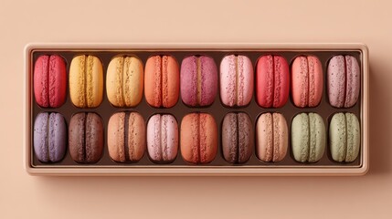 Flat-lay of an open macaron box with individual slots, displayed on a clean beige surface