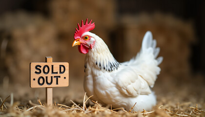 Chicken standing next to sold out sign in barn setting  