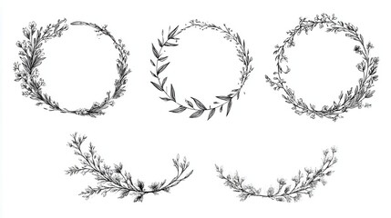 Obraz premium Minimal botanical wedding frame elements on white background. Set of wreath, flowers, leaf branches in hand drawn pattern. Foliage line art design for wedding, card, invitation, greeting, logo., no l