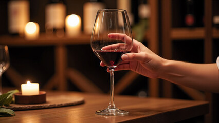 A person holding a glass of red wine on a table.