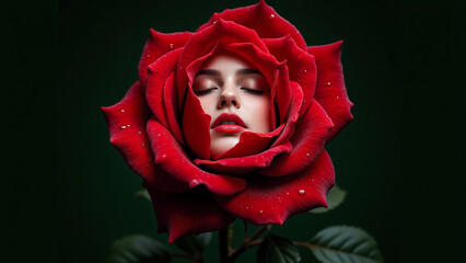 A woman with her eyes closed and a red rose in front of her.