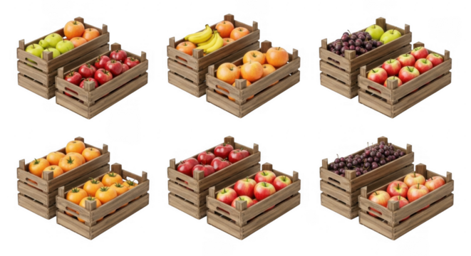 Freshly Harvested Fruits in Rustic Wooden Crates for a Farm-to-table Experience, isolated on a transparent background