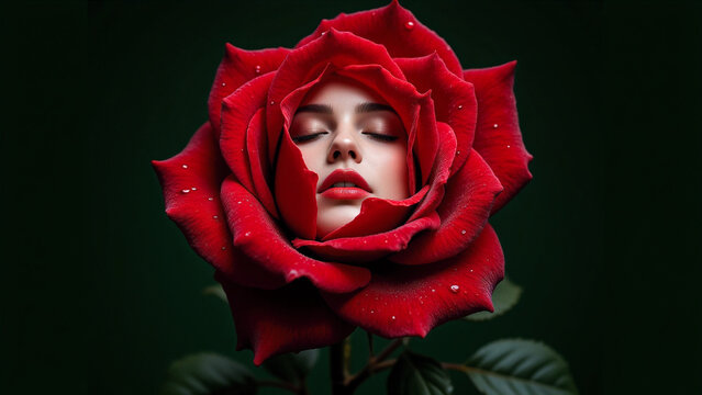 A woman with her eyes closed and a red rose in front of her.