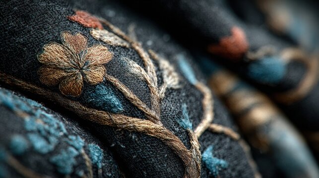 Close up of red floral embroidery on tan fabric with blue leaves and brown stems
