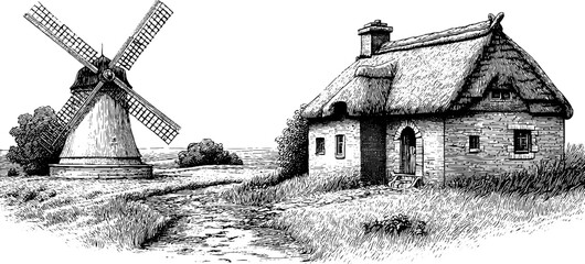 Fototapeta premium Vintage windmill and thatched roof cottage in countryside sketch for retro design