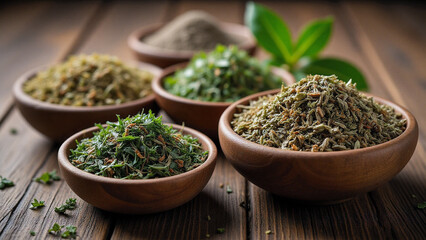 A wooden bowl filled with different types of herbs.