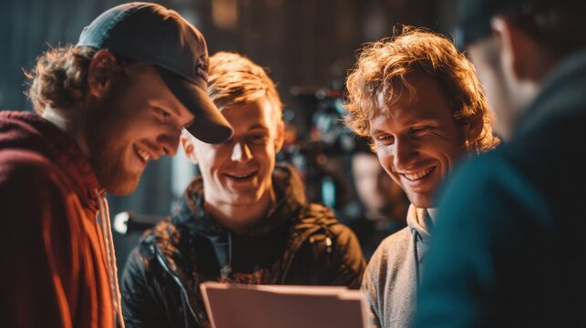 Vibrant behind-the-scenes of a creative film production. A lively moment on a film set with a young, dynamic crew engaged in a production discussion.