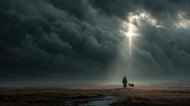 Man and sheep walk towards light through dark storm clouds in a grassy field landscape