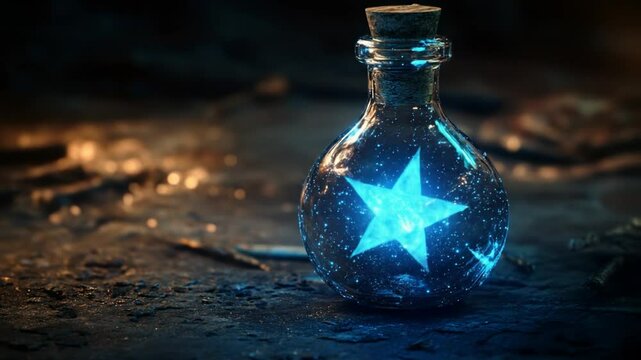 Starry potion bottle glows eerily on weathered surface