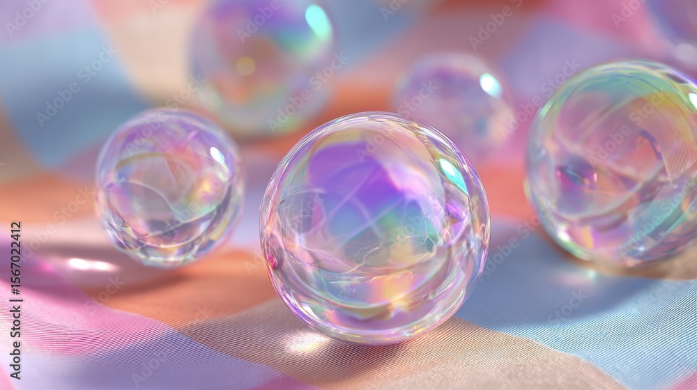 Poster iridescent spheres lie on pastel colored fabric creating a mesmerizing display of refracted light an