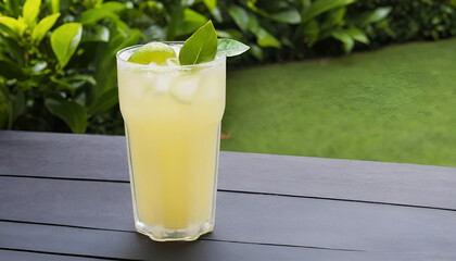 Glass Jar of Lemonade with Ice and Mint on Blurred Garden Background