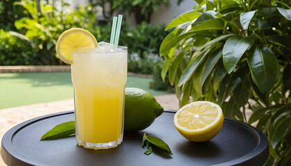 Glass Jar of Lemonade with Ice and Mint on Blurred Garden Background