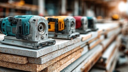 Two power drills sit on a workbench with tools and stonework in a dimly lit workshop