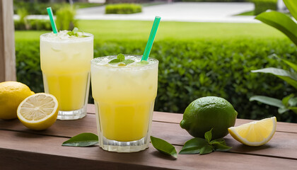 Glass Jar of Lemonade with Ice and Mint on Blurred Garden Background