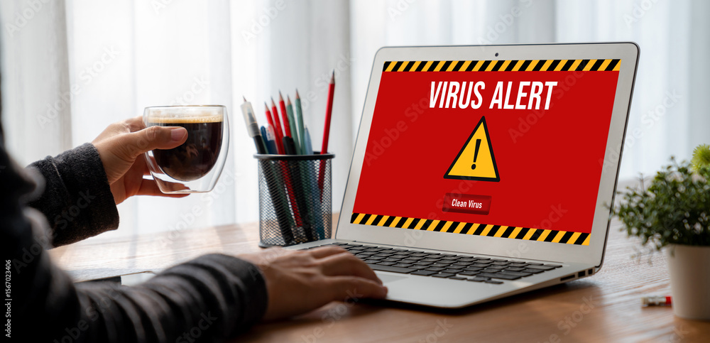 Aufkleber virus warning alert on computer screen detected modish cyber threat , hacker, computer virus and mal