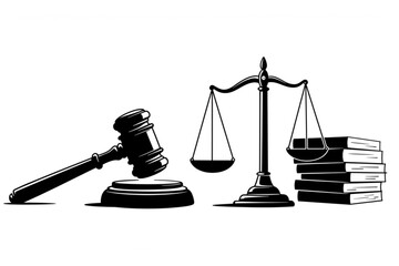 Striking design of scales, gavel, and books, perfect for law firms, legal professionals, and justice-related branding projects.