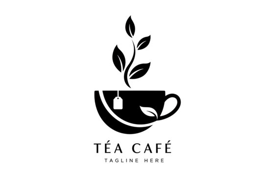Elegant tea café emblem featuring a stylized teacup and sprouting leaves, perfect for branding and culinary designs related to tea beverages. - Powered by Adobe