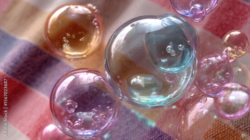 Poster iridescent spheres lie on pastel colored fabric creating a mesmerizing display of refracted light an