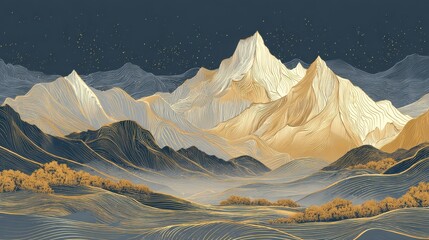 landscape wallpaper design with Golden mountain line arts, luxury background design for cover, invitation background, packaging design, fabric, and print. Vector illustration., no logos, no brands