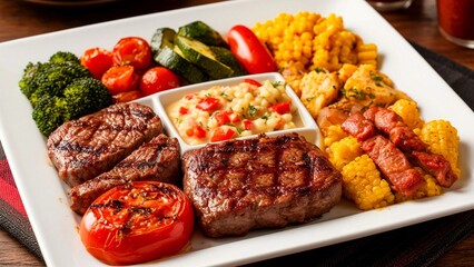 A set of grilled meat with vegetables