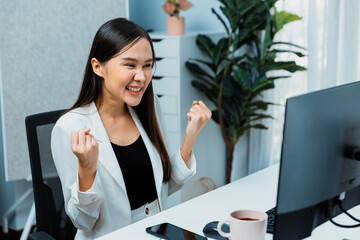 Successful in working young Asian businesswoman getting marketing online analysis service project...