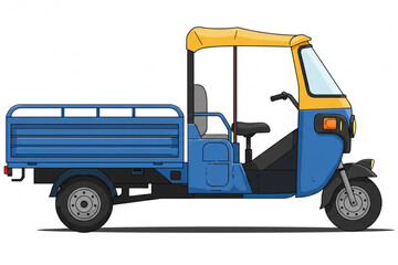 Fototapeta premium Stylized auto rickshaw with a flatbed in blue and yellow offers versatile usage for transportation or logistics-themed designs.