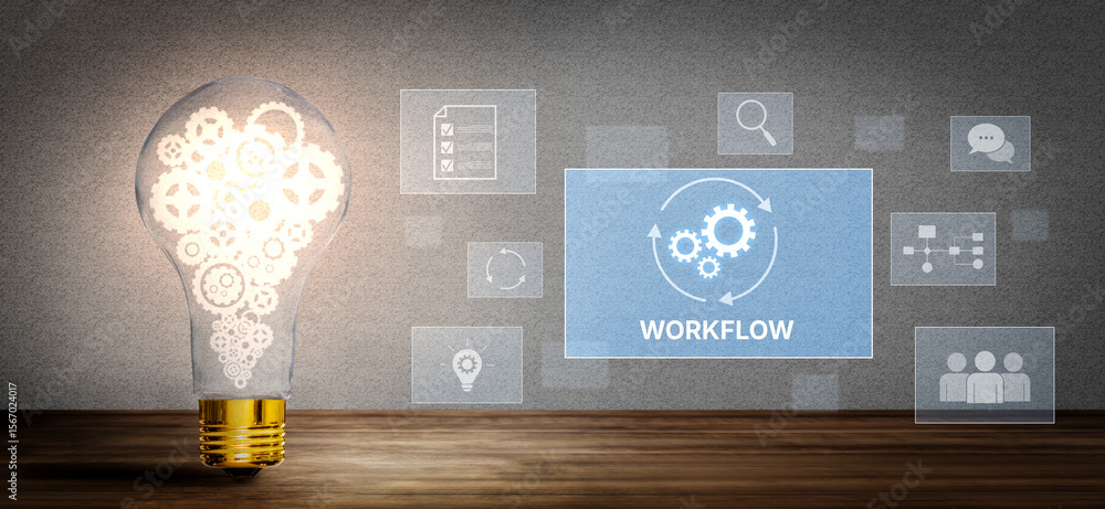 Poster workflow optimization concept featuring interconnected gears, task management, collaboration, proces