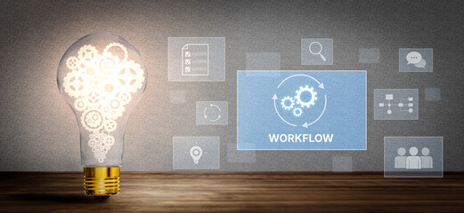 Workflow optimization concept featuring interconnected gears, task management, collaboration,...