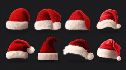 Big set of realistic Santa Hats isolated on transparent background. Vector santa claus hat colllection, holiday cap to xmas illustration, no logos, no brands