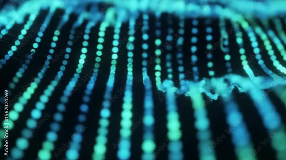Poster abstract digital data stream with blue and green glowing particles flowing across a surface